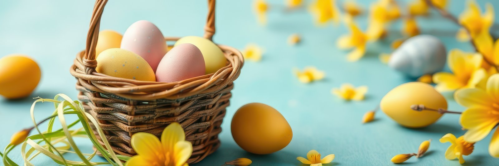 Colorful Easter eggs in a wicker basket surrounded by yellow flowers on a blue background